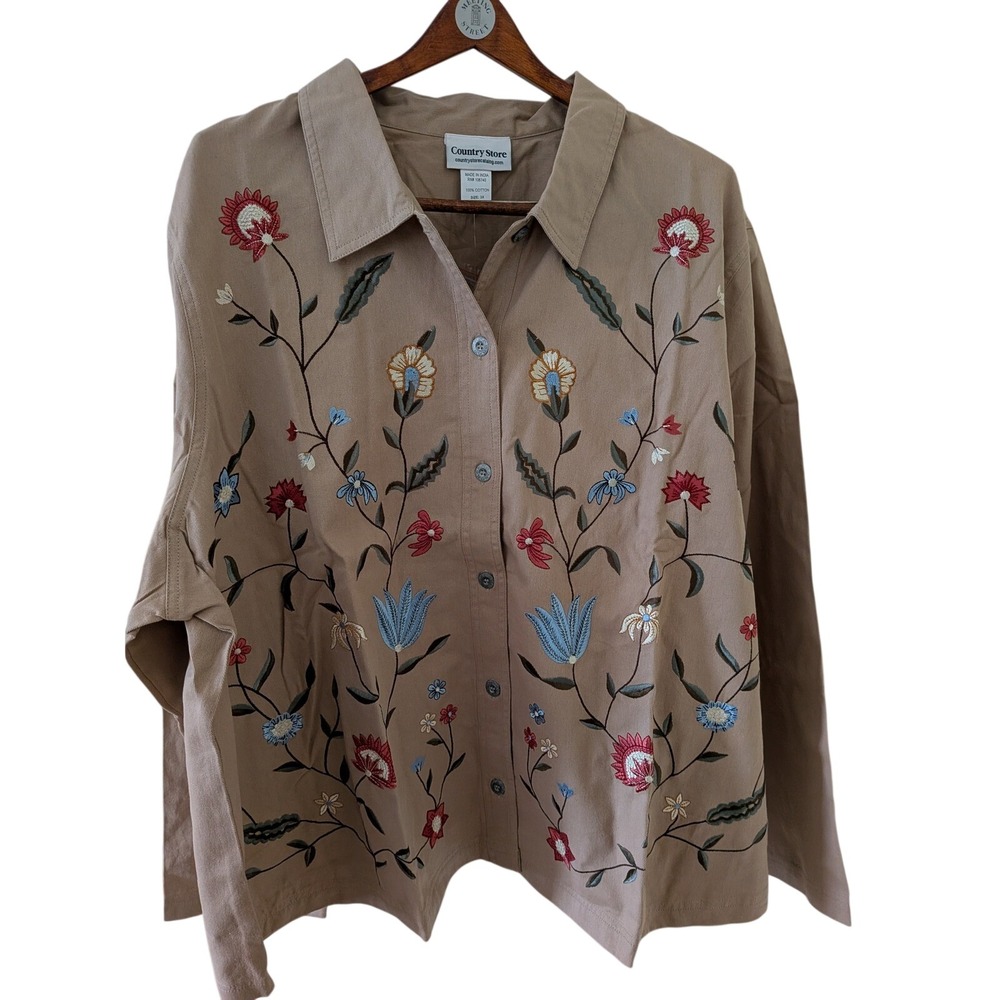 Country Store Womens 3X Tan Cotton Embroidered Floral Denim Top Jacket NIP - Picture 12 of 12
